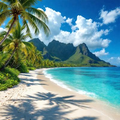 The image features a beautiful beach with a clear blue ocean. The primary subject is the sandy beach, which is the main focus of the image. The setting is a tropical island with palm trees and mountains in the background. The visual style is a photo, capturing the natural beauty of the beach and ocean. The colors and mood are vibrant and serene, with the blue ocean and white sand creating a peaceful and inviting atmosphere.